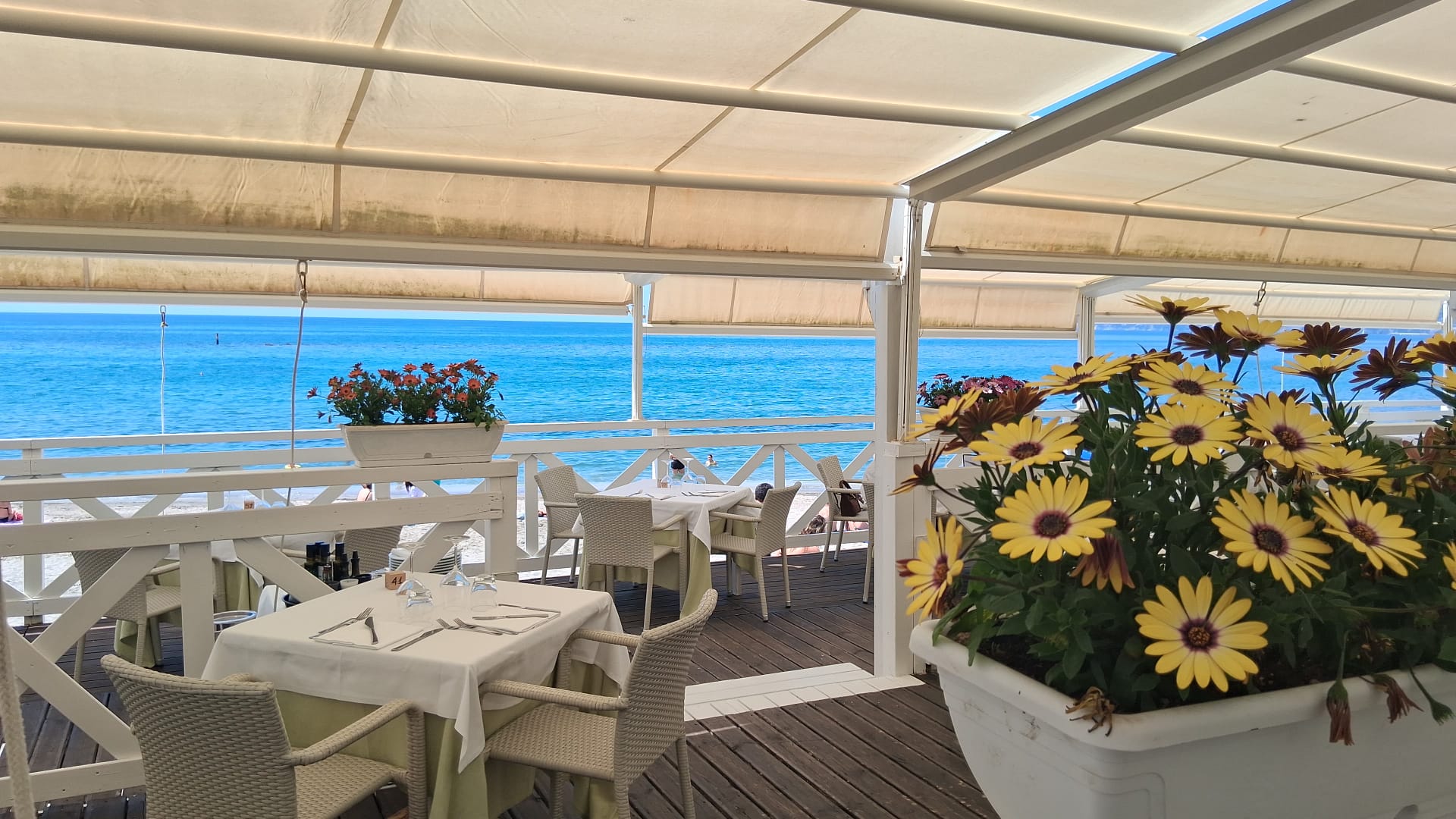 Terrazza con fiori gialli e tavoli vista mare